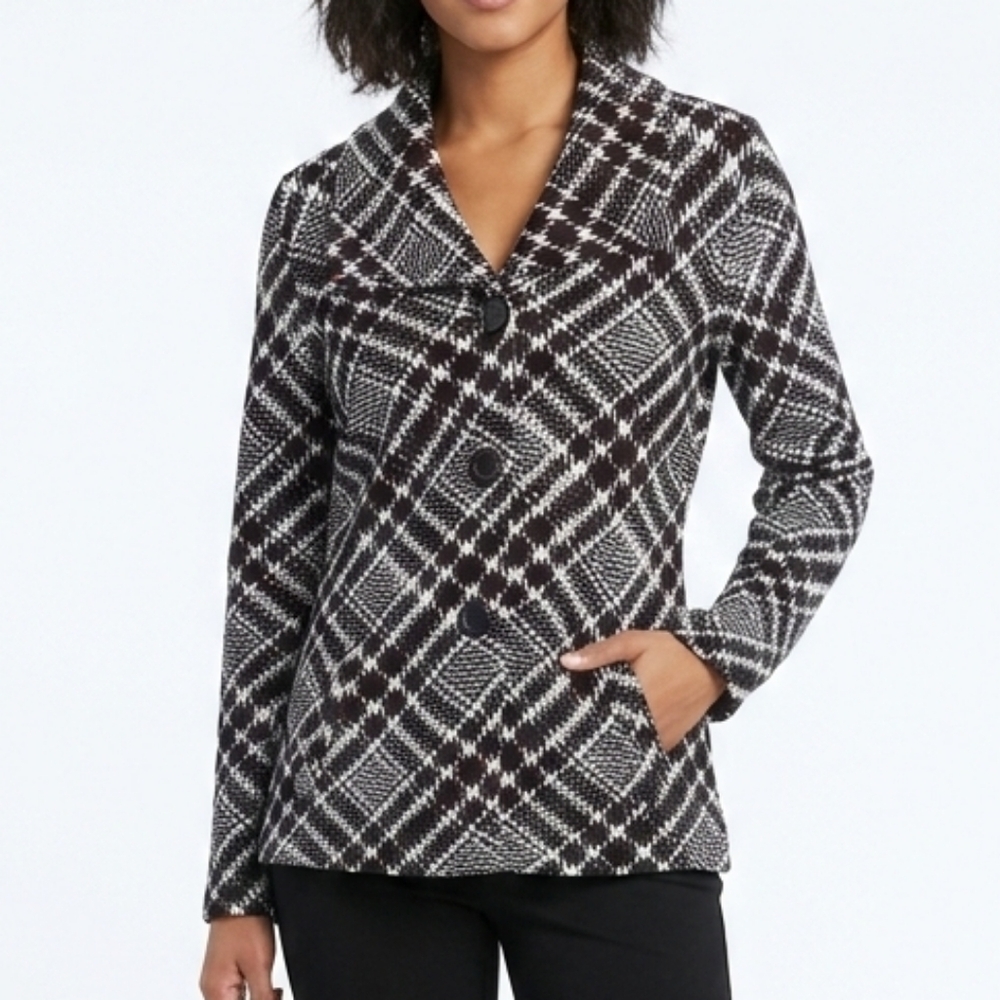 100% Wool Jacket "Clothes by Revue" - Size XL - Black and White Geometric Print